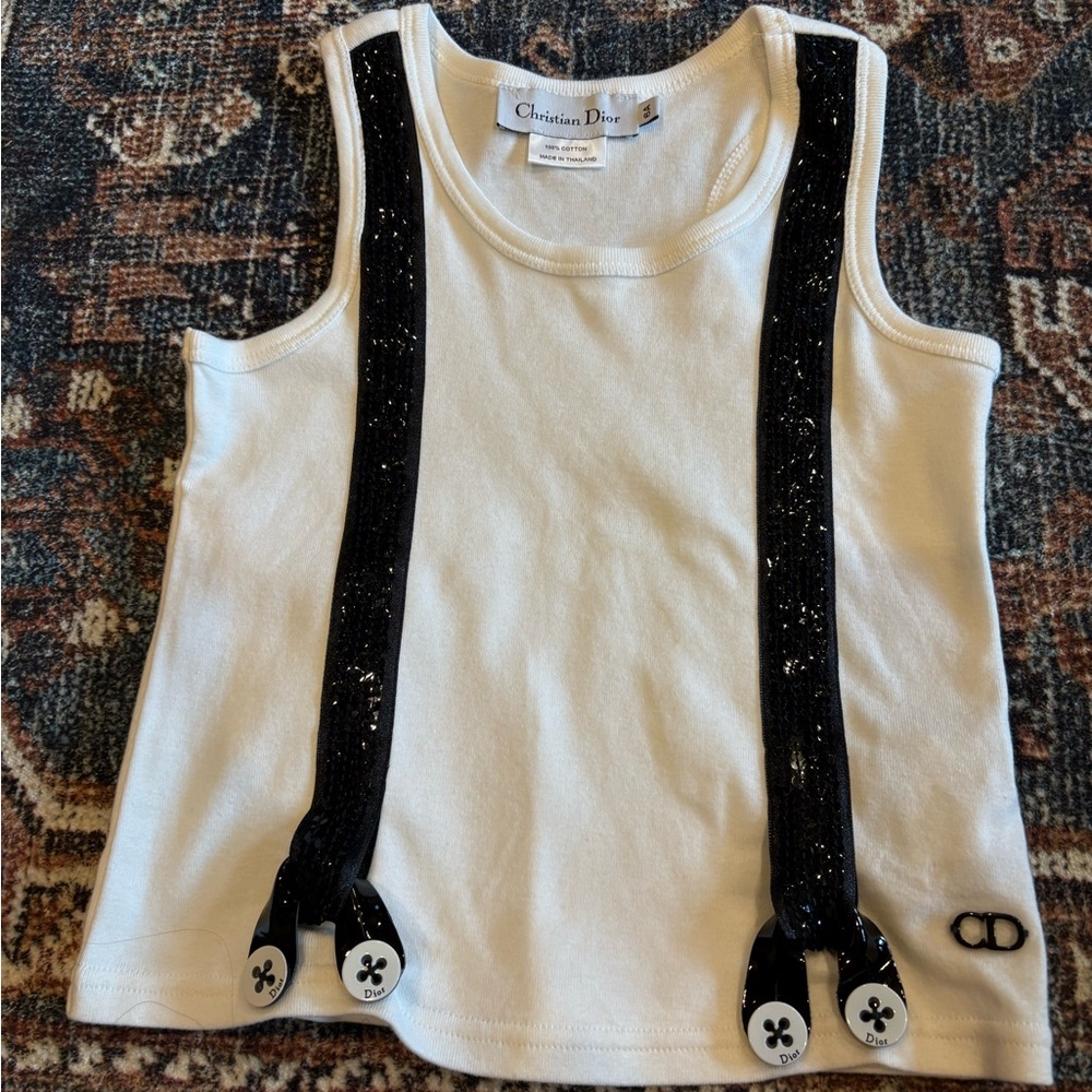 Authentic Christian Dior Kids Tank Top in White with Black Suspenders Details 6T
